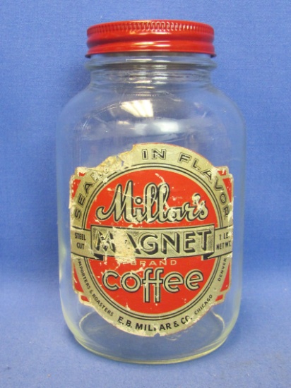 Hazel-Atlas Jar “Millar's Magnet Coffee” - Paper Label – Red Cap – 7” tall