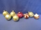 8 Glass Xmas Ornaments (balls) 5 Stamped Made in USA & 1 Shiny Brite – As in Photos