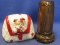 2 Vintage Banks:  Red & White Ceramic Jester Appx 4” T & Bronze Finished Cast Metal Drum Appx 6” T