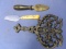 Vintage Cast Iron Trivet 9” L x 6” W, Bone Handle Scrimshaw Moose Knife, 7” & Sharpening Tool 7” L