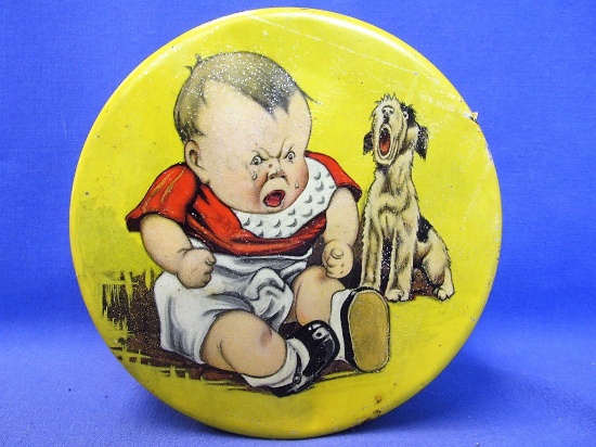 Amusing Vintage Tin – Chrome Yellow w/ Lithographed Lid: Angry Baby & Howling Dog ; 6” DIA