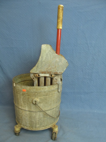 Vintage Galvanized Janitor's Mop Bucket on Wheels – Geerpress Floor Knight Stands 29” w/ Handle x 12