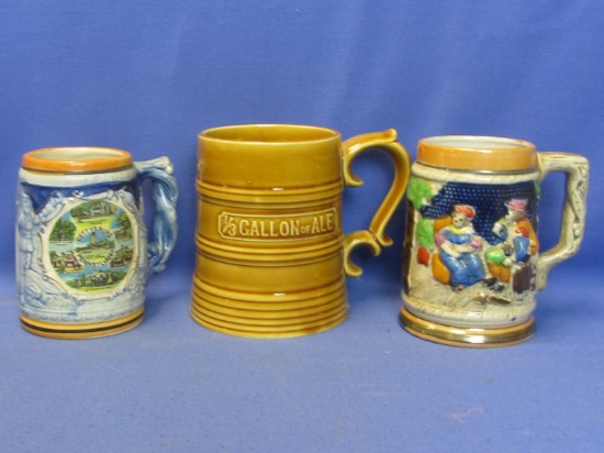 3 Beer steins: Gettysburg, PA 4 1/4” T ,  Lustreware (Japan) 5 1/4” T & 1/3 Gallon of Ale (Japan) 5