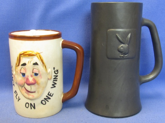 2 Novelty Beer Mugs: Vintage Ceramic “Can't Fly on One Wing” (hairline) & Playboy (Glass)