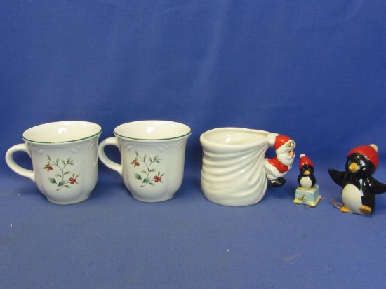 Holiday: 2 Pfaltzgraff Cups, Fitz & Floyd 1978 Santa Cup, Enesco Penguin Figurine & Penguin Ornament