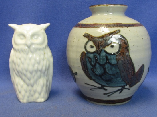 Owls: 5” Speckle Glazed Vase & 4” Tall White Glazed Ceramic Owl Figurine