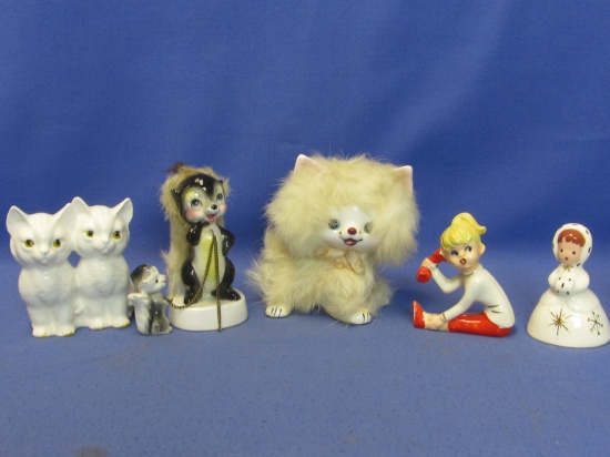 6 Vintage Ceramic Figurines: Kitty, Mama Skunk (1 kit), 2 cats , Bell, Phone girl, Musician – each 3