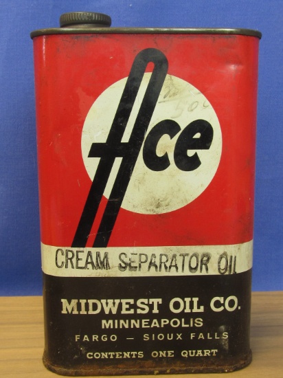 Ace Cream Separator Oil Midwest Oil Minneapolis, Fargo-Sioux Falls 1 Quart  Tin Stands Appx 7” T