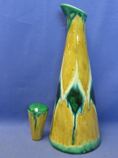Vintage 12” Ceramic Decanter Bottle with Stopper – Green Drip Glaze Harlequin Pattern