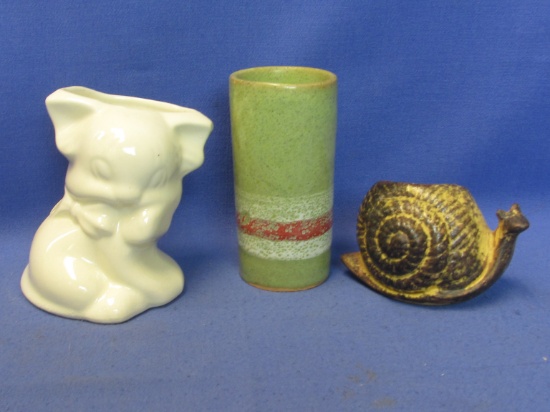 Vintage Kitty Vase (unmarked) Green Bud vase (Italy)  & Snail (miniature Planter?) unmarked