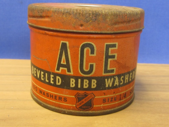 Vintage Tin: ACE  Beveled Bibb Washers 100 Washers Size 1/3 Small (empty) Can is 2 1/2” T X 3 1/4” D
