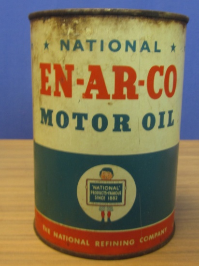 Vintage  Metal 1 Quart “National En-Ar-Co Motor Oil” Can  – Bright Graphics  – Empty
