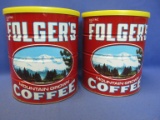 2  Vintage ”Nostalgia Canisters” Mt. Shasta - Folger's Electric Perc 3 Lb Coffee Cans w/ Lids