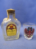 Crown Royal  Miniature Whiskey Bottle w/ Canada Tax Stamp & Shot Glass Painted “Seefeld Tirol”