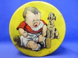 Amusing Vintage Tin – Chrome Yellow w/ Lithographed Lid: Angry Baby & Howling Dog ; 6” DIA