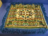 Vintage Center- Piece Doily – Colorful Bird Embroidered Textile w/ Blue Fringe - Appx 22x24”