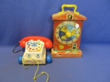 2 Vintage Fisher Price Toys Teaching Clock  & Chatty Phone (wood under paper) -Clock Plays Grandfath