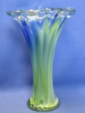 Vintage Pulled Glass Vase 9” T – White, Green, Blue & Clear “End-o-Day” Blown Glass