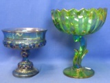 Green & Blue Carnival Glass Candy Dishes: 7 1/2” T x 6 1/4” DIA Flower,  & 5 1/4” T Blue Thumbprint