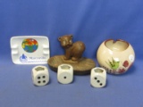 6 Vintage Ashtrays: Tonala Mexico Painted, Bear Cub, Manzanillo  & 3 Individual Dice (Japan)