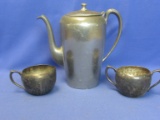 Pewter Coffee Pot appx 9” T  with Silverplated Creamer & Sugar Bowl  3” T ea.