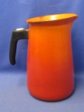 Vintage ORANGE Enamelware Table Pitcher 8 1/4” Tall X 5” DI at Base – chipped plastic handle