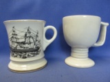 Vintage Moustache Cup (Right Handed) w/ 3-Masted Sailing Ship design & Frankoma C13 Cup (White)