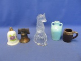 Miniatures Jug (Blue) & Brown Drip red ware cup, & 3 Bells: Lefton, Liberty, Unicorn