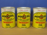 3 Vintage 1 Quart Metal Cans of Pennzoil Two Cycle Snowmobile Oil – All Full