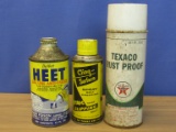 3 Vintage Automotive Tins: Unopened Cone Top Heet, Texaco Rustproof (Aerosol), Cling Surface Belt Dr