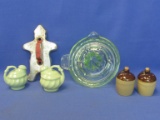 Vintage Vaseline Glass Juicer (small chip), 2 Sets of Pottery Salt & Pepper Shakers & Cookie Cutter