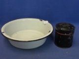 Vintage Tin 3” Tall - & Enamelware Bowl 7 1/2” DIA x 3” Deep