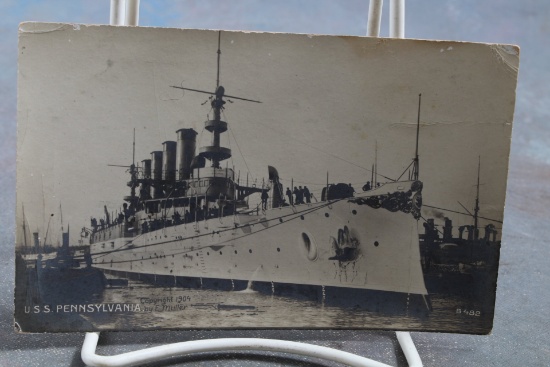 RPPC U.S.S. Pennsylvania Battleship Real Photo Postcard Postmarked 1910