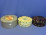 3 Vintage Round Tins: Oriental Scenes 8 1/4” DIA, Zion Candy Jewels 8 1/4” DIA, Rose Bouquet 10” DIA