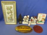 Vintage X-Mas Lot: Caroling Figurines (Plastic & Felt), Bees Wax Medallion, Angel, Tree Votive, 2 Wa