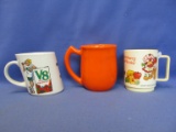 3 Vintage Mugs:Orange USA Pottery w/ D Handle, Strawberry Shortcake (Deca Elizabeth NJ) & V-8