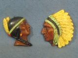Two Decorative Wall Hanging Profiles of Native American Man and Woman – About 4” tall - Syroco Wood