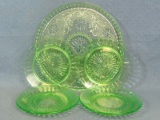 Green Depression Glass Serving Tray and Four Snack Plates – 10” dia serving and 6” dia snack