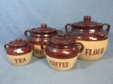 Set of Monmouth Stoneware Canisters – Shaped like Bean pots – Flour, Sugar, Coffee, Tea – Overall go