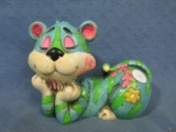 Vintage Ceramic Coin Bank – Funky Tiger w/ Flowers – Made in Japan, distributed by Heyada & Co. - No