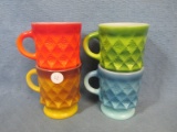 Set of 4 Anchor Hocking Mugs – Kimberly Pattern – 4 Colors – Nice used vintage condition aside from
