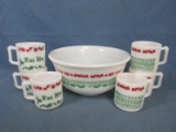 Vintage Hazel Atlas Milk Glass Egg Nog Set – Bowl & 6 Cups – “Jingle Bells” - Bowl is 9”Dia x 4 3/8”