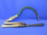 2 Vintage Yard/Garden Cutting Tools – Hand Scythe, Clippers – Wood Handles – As shown