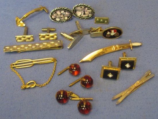 Mixed Lot of Cufflinks & Tie Clasps – Vintage w Amber Glass – X-Country Skis & more