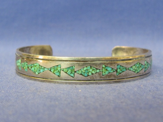 Silver Cuff Bracelet – Inlaid Turquoise – Signed S with a Crescent Moon – 18.7 grams