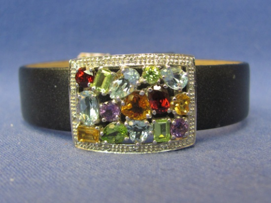 Black Leather Bracelet w Sterling Silver Slide – Multicolor Gemstones – 8 1/4” long