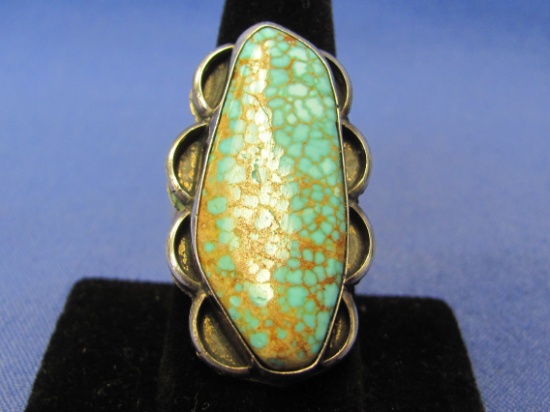Bold Sterling Silver Ring w Turquoise – Size 9.5 – 1 1/2” long – Total weight is 11.5 grams