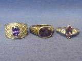 3 Sterling Silver Rings w Purple Stones – Size 5.25, 7.5, 8.25 – Total weight is 16.5 grams