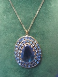 Vintage Pendant w Blue Stones – Made in Czechoslovakia – 1 1/2” long – 16” Chain