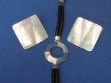 Bracelet w Leather Band – Sterling Silver Fittings – Shell Inlay – Earrings w Mother of Pearl